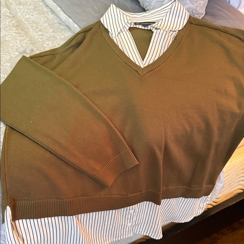 Adrianna Papell Women’s Olive Twover Sweater/Collared Shirt